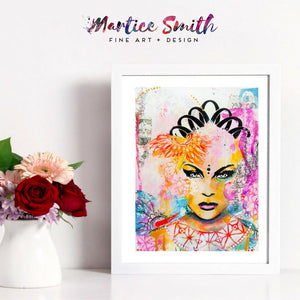 Fine art abstract painting of black and multicolored goddess with flowers. 